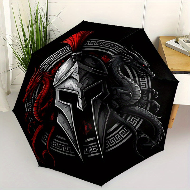 Spartan Warrior 2 Automatic Folding Umbrella - 8-Rib Durable Windproof Design, Portable Travel Umbrella with Red & Black Spartan Warrior Artwork, Ideal Gift for Men, Travel Umbrella, Gift Item, Bold Graphic Design, Sturdy Con