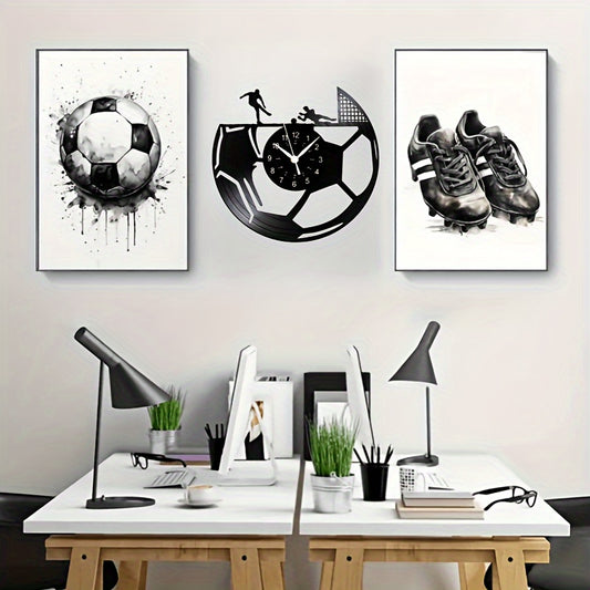 1pc Vintage Football/Soccer Vinyl Record Wall Clock with Silent Non-Ticking Movement - Modern Sports Decor for Living Room, Bedroom, Office - Music & Football Fan Gift (Black & Golden Design, Irregular Shape, Easy-to-Read Whi