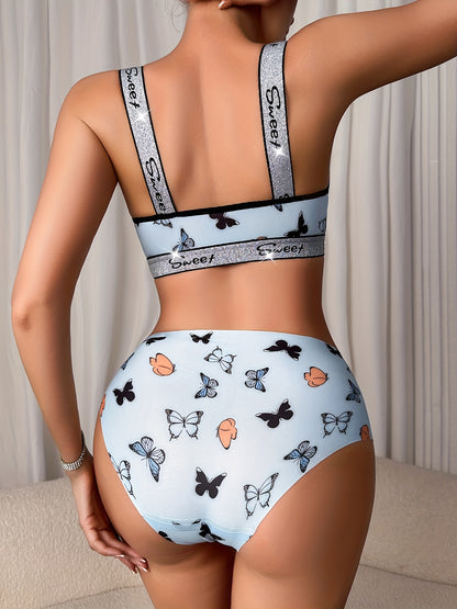 A Set of Butterfly Print Front-Button Women'S Lingerie, Featuring Wide Straps, a Wireless Bra, And Seamless Panties, Soft And Comfortable, Perfect for Everyday Wear in Autumn And Winter.