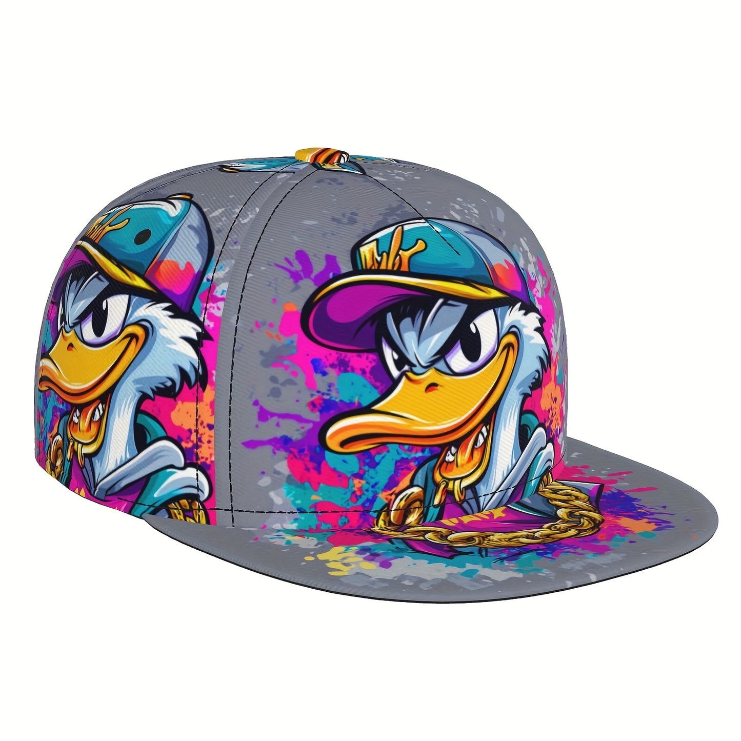 Unisex Adjustable Snapback Baseball Cap - Vibrant Graffiti Cartoon Duck Street Art Design, Lightweight 100% Polyester, Machine Washable, Flat Brim Trucker Hat for Men & Women, Perfect Gift for Father's Day, Mother's Day, Beac