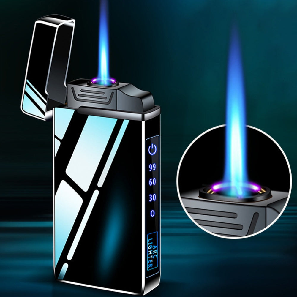 This Is a Dual Arc Gas And Electric Lighter That Features a 2-In-1 USB Charging Capability. It Is a Refillable Butane Jet Flame Torch Lighter Equipped with a Flashlight And an LED Power Display