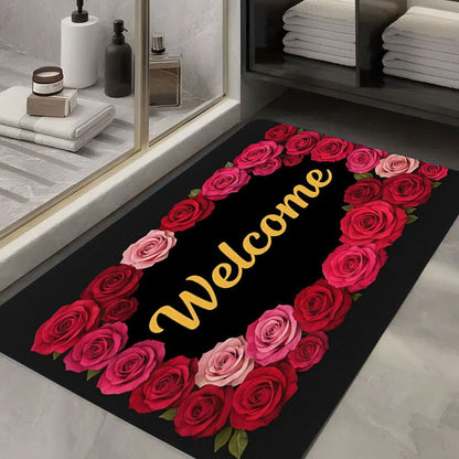 1pc Non-Slip Welcome Doormat - Red Roses & Welcome Golden Lettering on Black Background, High Quality Bathroom Mat, Entryway Mat, Camping Floor Mat - Machine Washable Rubber Backing for Indoor/Outdoor Use - Perfect for Christ
