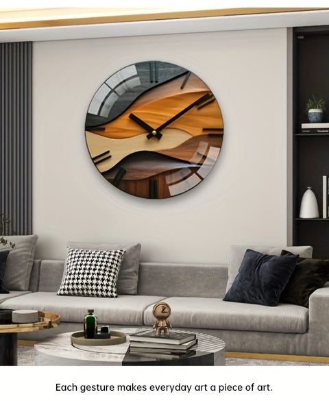 [Artistic Wall Clock] 12-inch Artistic Round Glass Wall Clock, Silent Non-Ticking High Quality Movement, 3mm Thickened Steel Tempered Glass, Faux Wood Grain Nordic Style with Corrugated Design | 1pc, Living Room Bedroom Home