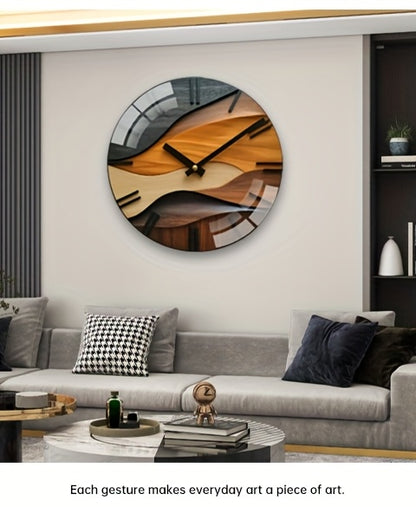 [Artistic Wall Clock] 12-inch Artistic Round Glass Wall Clock, Silent Non-Ticking High Quality Movement, 3mm Thickened Steel Tempered Glass, Faux Wood Grain Nordic Style with Corrugated Design | 1pc, Living Room Bedroom Home