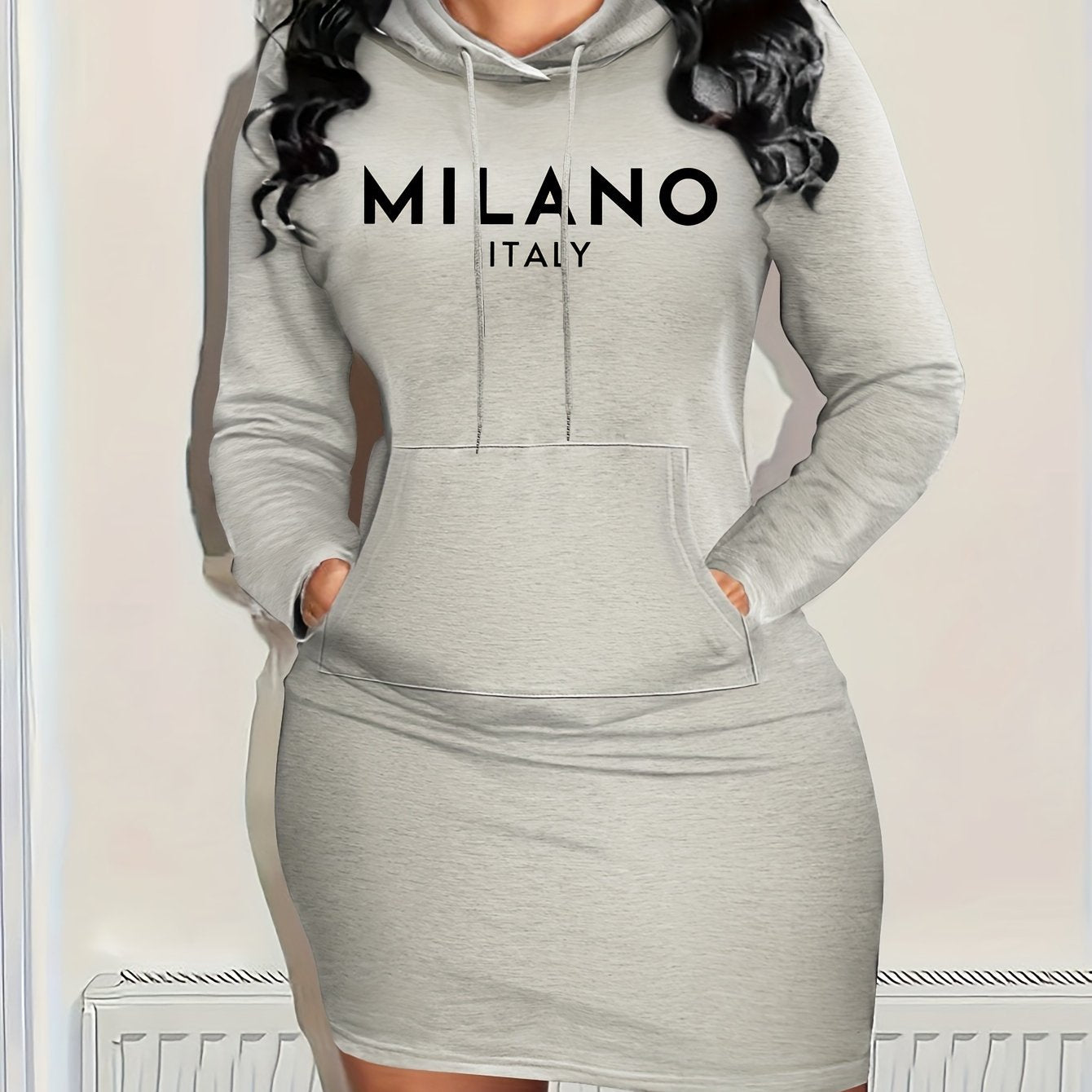 Print Bodycon Hooded Dress, Casual Drawstring Sweatshirt Dress for Spring & Fall, Women's Clothing