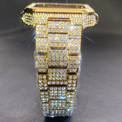 MISSFOX Men'S Luxury Rhinestones-Encrusted Golden-Tone Square Watch with Date Calendar, High Quality IP65, Quartz Movement, Sparkling Bezel & -Accented Dial - Elegant Analog Watch for Casual & Formal Wear, Party Accessory, Ba