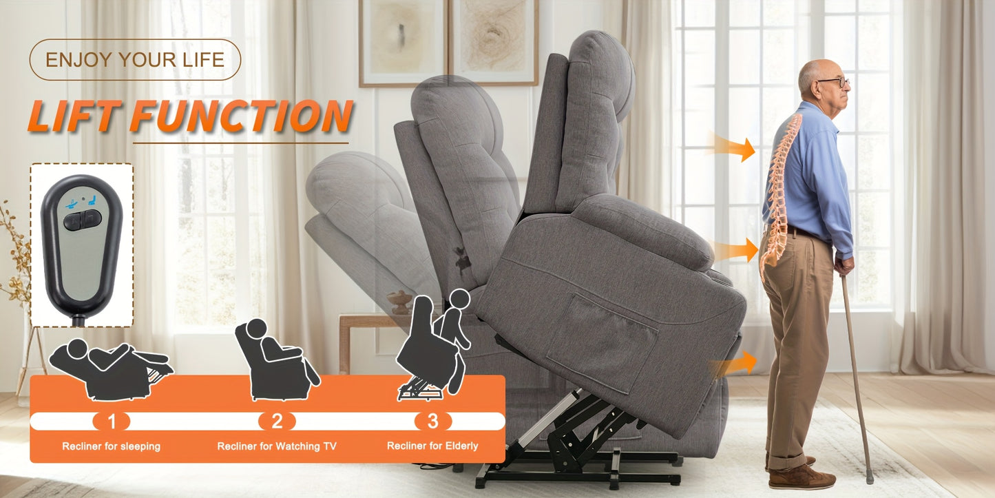 Power Lift Recliner Chair For Elderly And Adults, Power Recliner Chair With Massage And Heating, Electric Recliner With Remote Control And Cup Holders For Living Room, Grey Linen Fabric