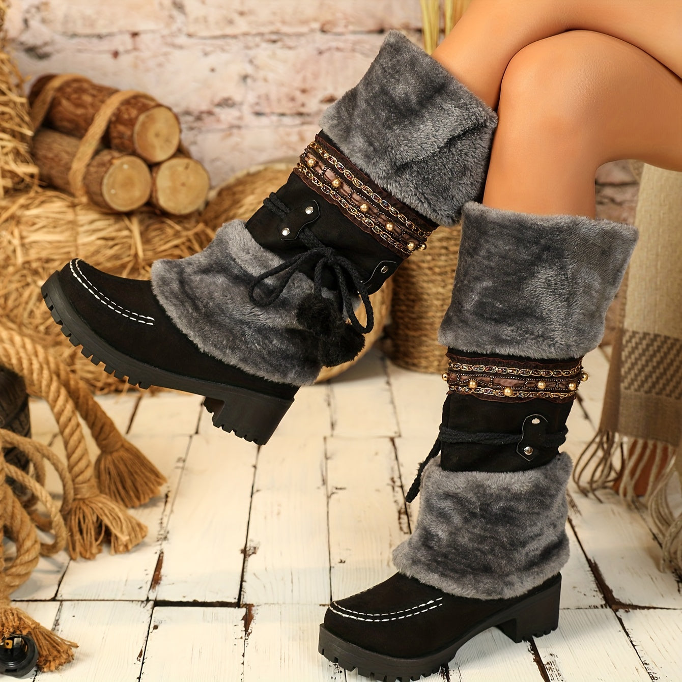 Ethnic Cowboy Boots for Men - Women's Mid-Calf Boots - High Heel Ankle Boots with Faux Fur Lining - Autumn and Winter