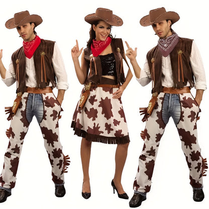 12pcs Western Cowboy Hat Set with Bandanas & Glasses - Adjustable Felt Hats for & s, Unisex Brown/Black Wide-Brimmed Hats with White Paisley-like Patterns, Dress-Up Party Supplies for Halloween, Christmas, Wild West Role Play
