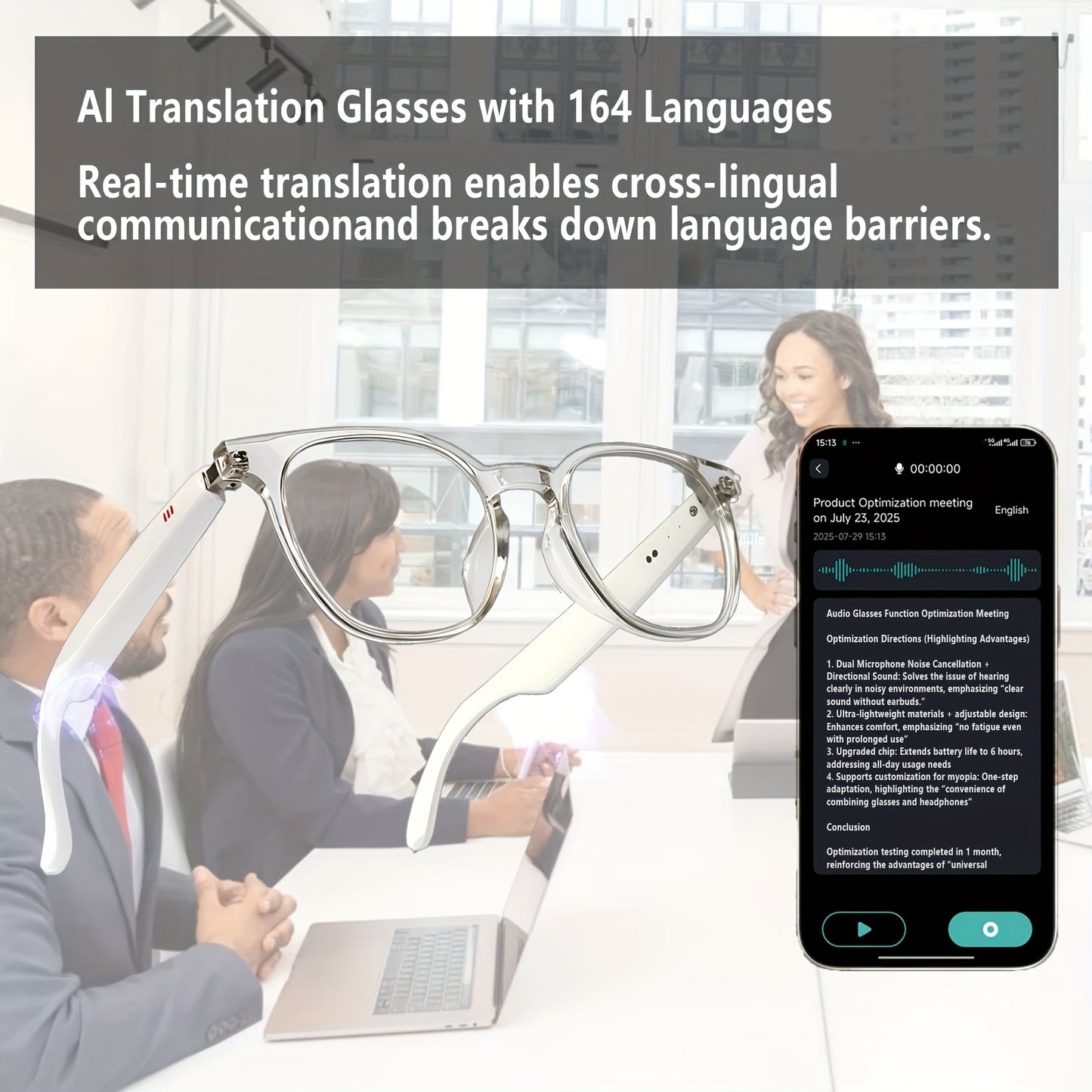 AI Translation Smart Glasses with 160+ Language Real-Time Translator, Enabled, Built-in Mic/Speaker & Music Playback - Photochromic for Men & Women, Driving &
