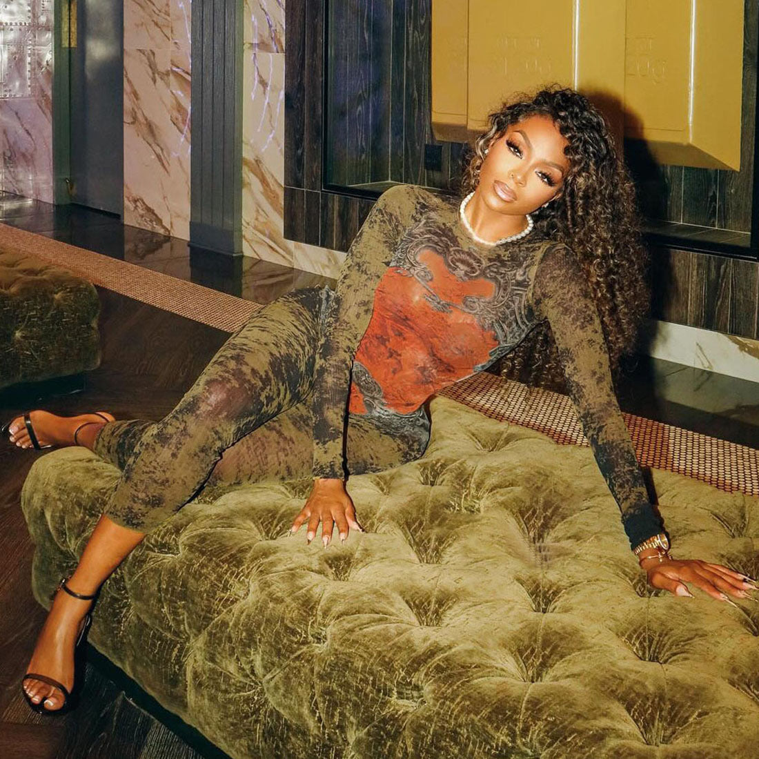LUCKFOX Sexy Street Trend Digital Printing Long Sleeve Jumpsuit Women | Deep V Neck, Perfect for Spring/Summer/Fall