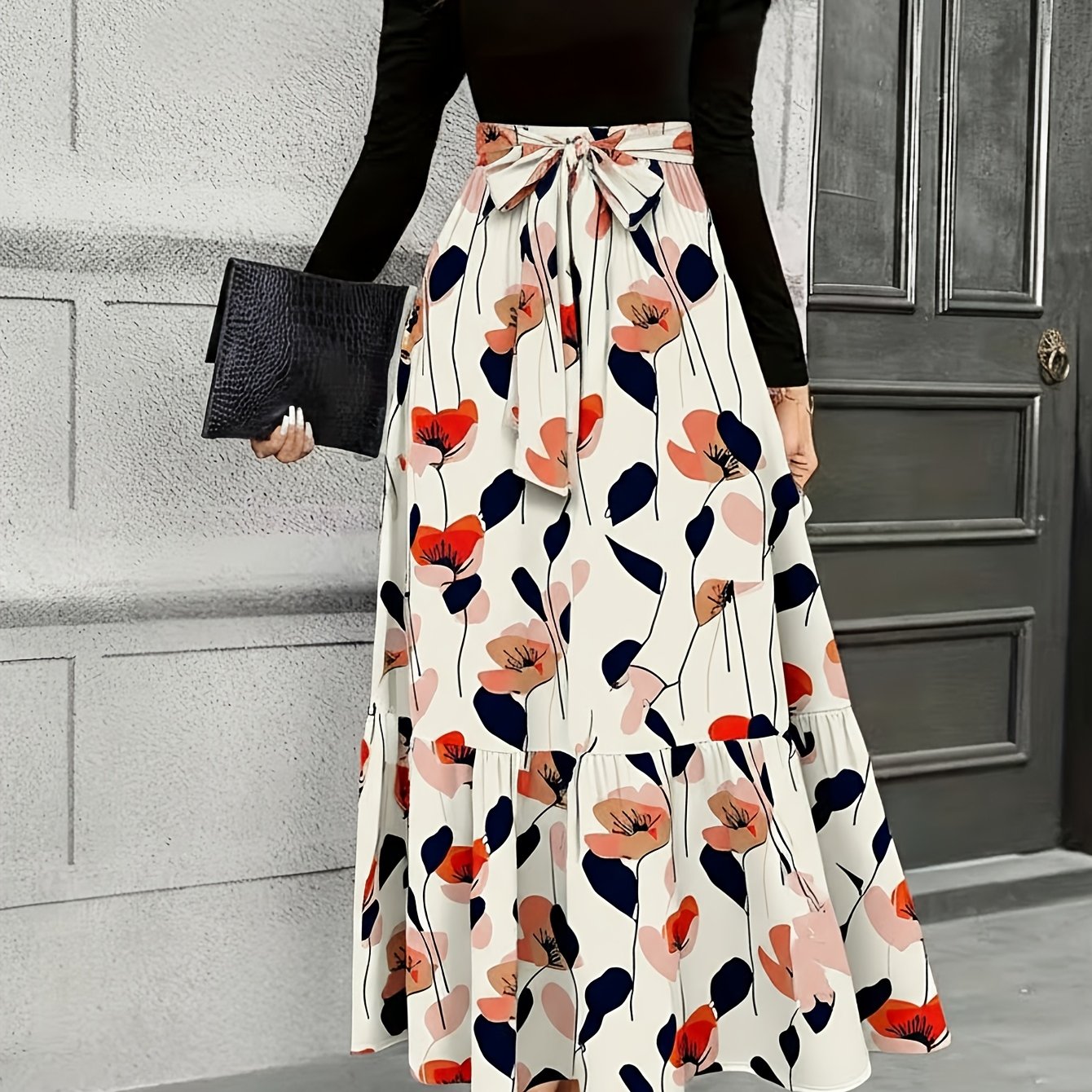Women'S Navy Blue Floral Tie-Waist Maxi Dress | Retro Elegant Style, Suitable for Daily Streetwear, Light Social Occasions, and Chic Gatherings