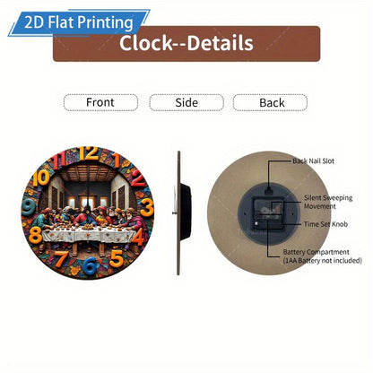 1 Piece Christmas Decoration Wooden Wall Clock, 2D The Last Supper Design - Large Round Silent, Religious, Leonardo da Vinci Inspired The Last Supper Art, Suitable for Home, Church, Office Decoration - Unique Gift for Christi