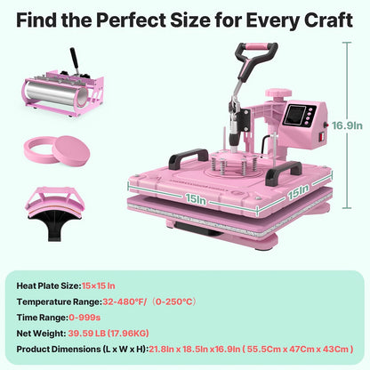 5/8 in 1 Heat Press Machine | 12x15/15x15 Inch Sublimation Heat Press, 360° Swing Away Digital T-Shirt Pressing, Includes 30OZ & 20OZ Tumbler Press, Multifunction Combo for Hat, Cap, Plate - SUTECK, Metal, 110V