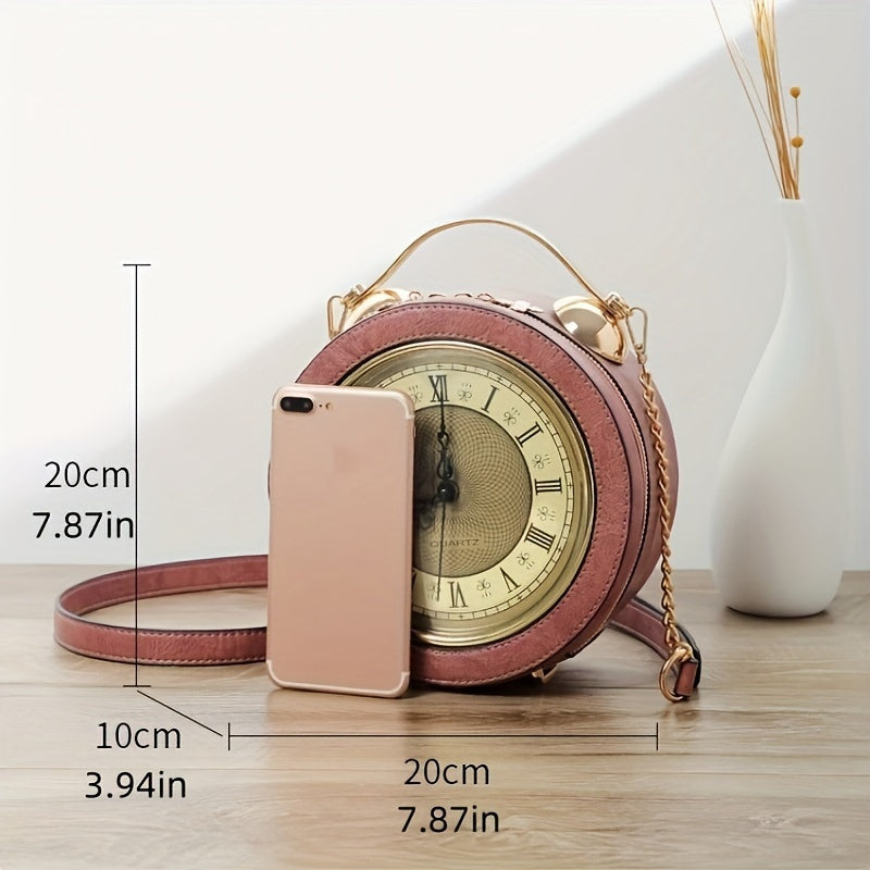 Vintage-Inspired Clock Handbag with Adjustable Strap – Stylish Round Design in Caramel, Pink, or Black – PU Material, Zip Closure, Perfect for Casual Outings
