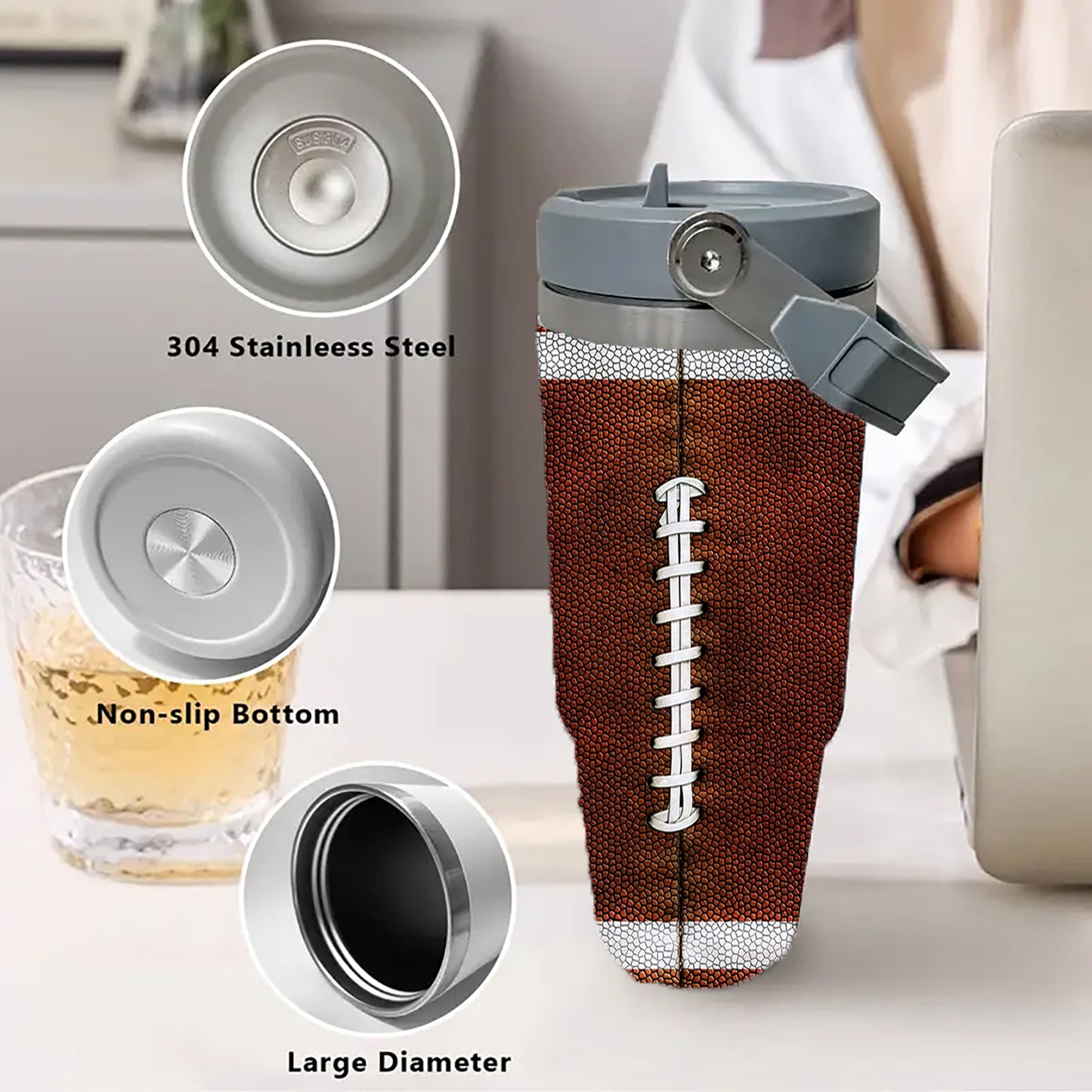 30oz Football Texture Stainless Steel Tumbler, Double Wall Vacuum Insulated Travel Mug, Spill Proof Lid, Perfect Gift for Dad, Mom, Ideal for Christmas, Thanksgiving, Valentine's, Mother's, Father'S Day, Gift for birthday, Co