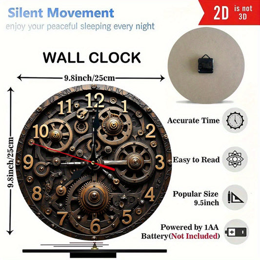 10 Inch Steampunk Wall Clock with Gears & Cogs - Silent Non-Ticking Movement, Large Black & Golden Roman Numerals, 2D Flat Round Battery Operated Clock for, Office, Kitchen, for Cave - Style Decorative Timepiece, 2D Flat
