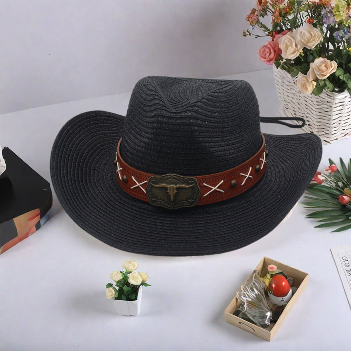 Men Women Straw Cowgirl Hat Wide Brim Stylish Bull Head Leather Belt Design Western Cap for Beach Daily Life Party