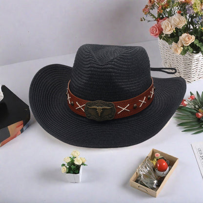 Men Women Straw Cowgirl Hat Wide Brim Stylish Bull Head Leather Belt Design Western Cap for Beach Daily Life Party
