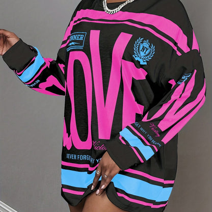 Plus Size - This Plus-Size Women'S American Street Style Long-Sleeve Top Features a Large 'LOVE' Letter Print That Is Eye-Catching. with Text And Stripe Elements, It Exudes a Strong Sense of Fashion. The Loose Fit Is Friendly