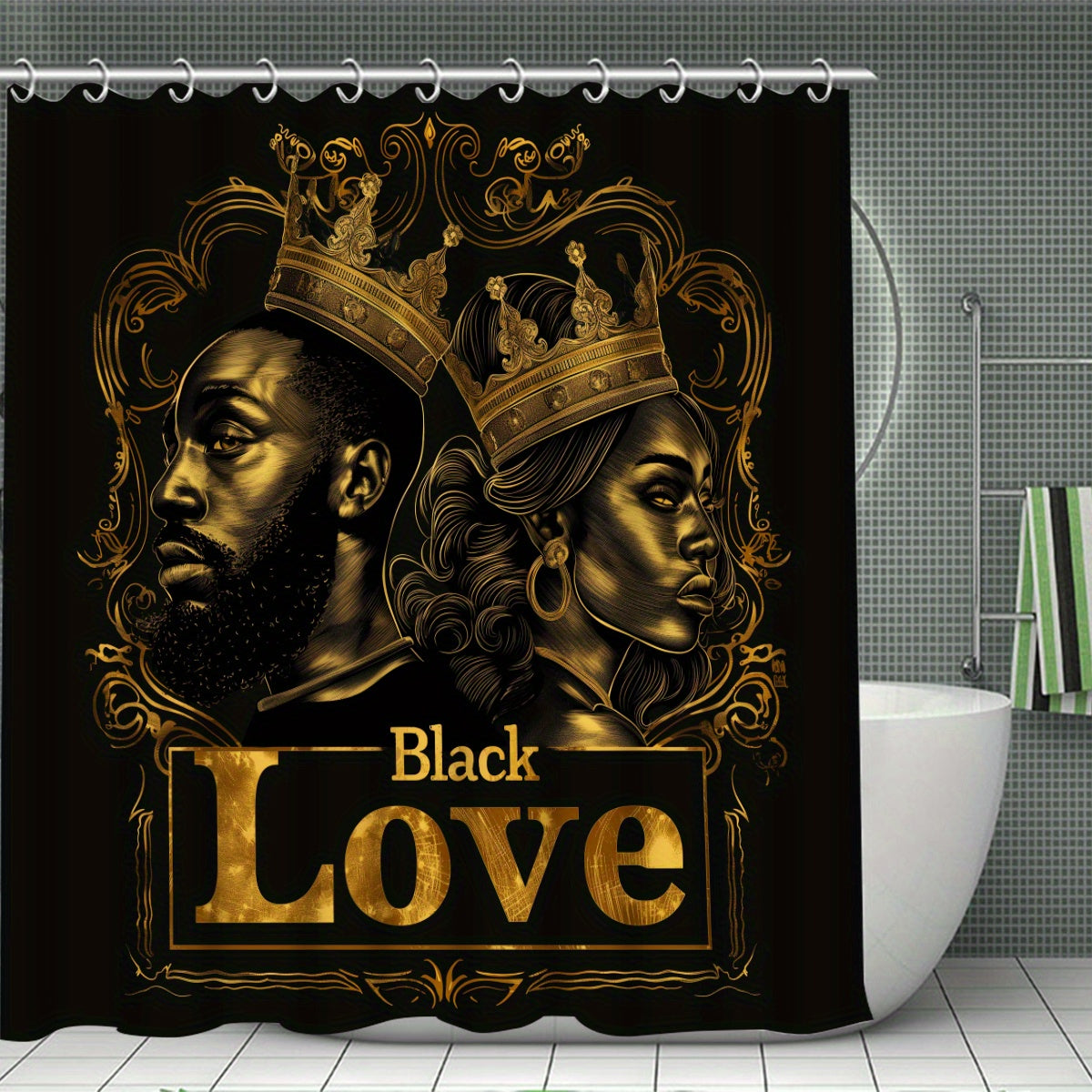 4pcs Black Golden Coronation Ceremony Pattern Printed Shower Curtain Set, Dry and Wet Separation Bathroom Four-piece Set, Home Decoration Shower Curtain with 12 Hooks, Non-slip Mat, U-shaped Toilet Mat, Toilet Seat Mat, Funct