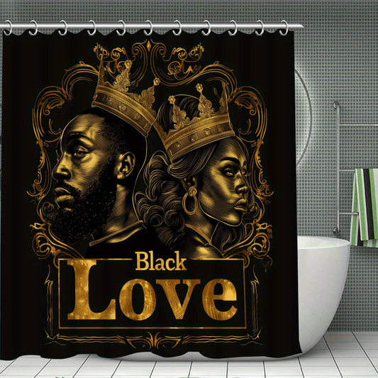 4pcs Black Golden Coronation Ceremony Pattern Printed Shower Curtain Set, Dry and Wet Separation Bathroom Four-piece Set, Home Decoration Shower Curtain with 12 Hooks, Non-slip Mat, U-shaped Toilet Mat, Toilet Seat Mat, Funct