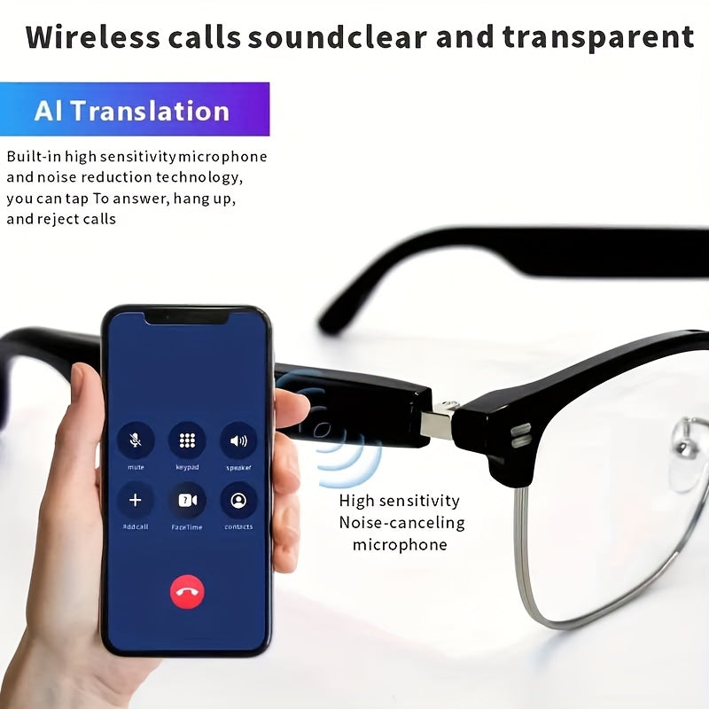AI Smart Glasses with 160+ Language Real-Time Translation, Chat GPT System, Built-in Mic & Speaker, HD Voice Calls & Music Playback, Smart Glasses with Camera & Voice Assistant for Men & Women, USB-Powered, Compatible with Sm