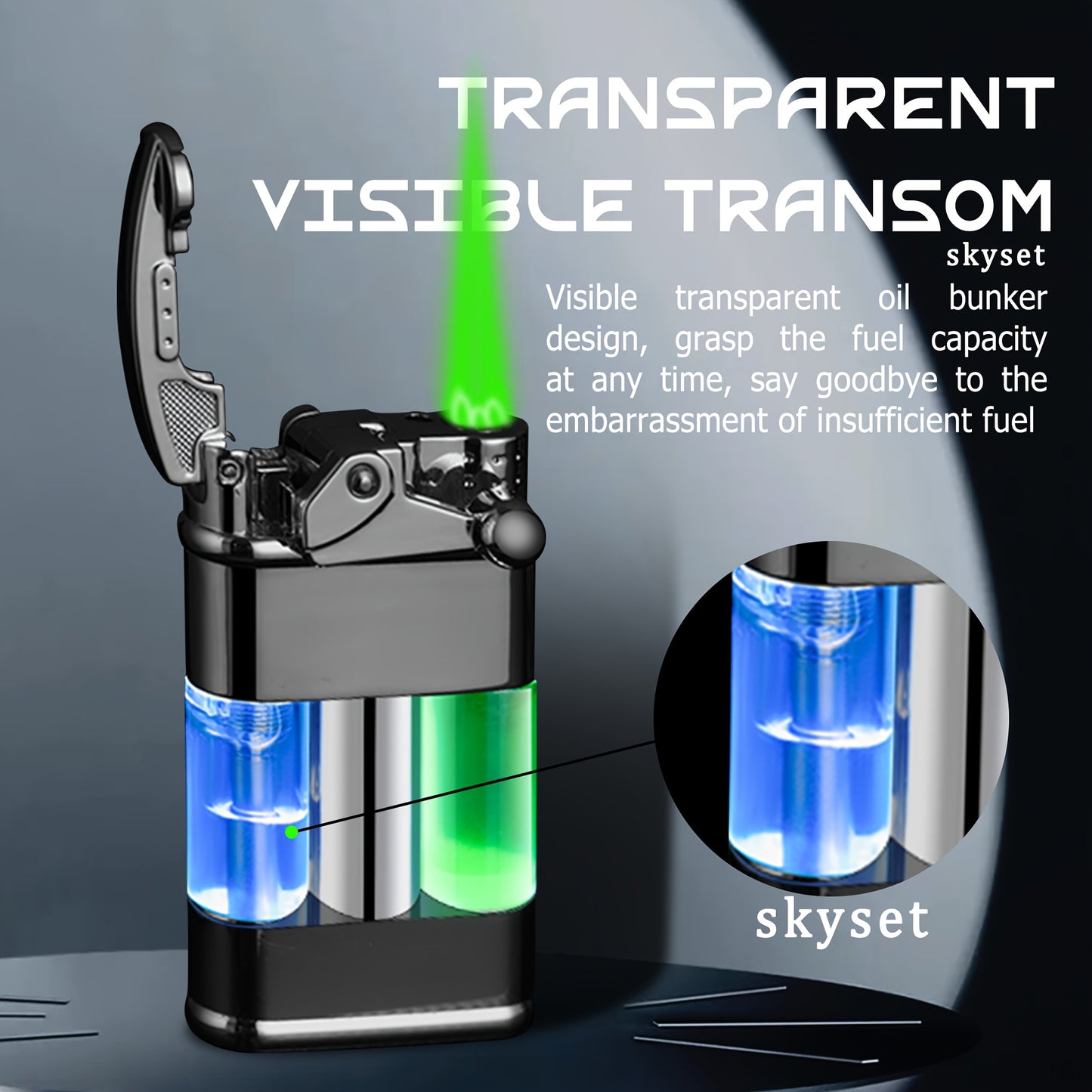 Butane Lighter with a Green Flame, a Versatile Featuring a Visible Window, Adjustable Flame Size, Wind-Resistant Design, Rocker Arm Ignition, And a Metal Casing. It'S a Stylish, Refillable Lighter That Does Not Include Butane