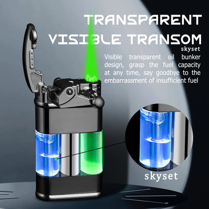 Butane Lighter with a Green Flame, a Versatile Featuring a Visible Window, Adjustable Flame Size, Wind-Resistant Design, Rocker Arm Ignition, And a Metal Casing. It'S a Stylish, Refillable Lighter That Does Not Include Butane