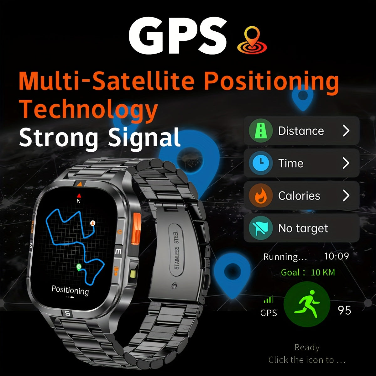 Coiusor new dual band GPS 2.01 "Men's and Women's sports smartwatch, equipped with LED flashlight, wireless call, sync information with mobile phone, with dual band GPS, compass, outdoor sports, waterproof, compatible with iP