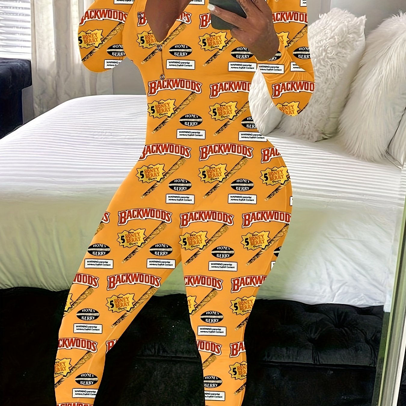 Women'S Sexy Long Sleeve V-Neck Loungewear Jumpsuit - Yellow "Backwoods" Graphic Print, Off-Shoulder Design, High-Waisted Romper for Summer, Comfortable & Stylish Sleepwear, Casual Loungewear | Vneck Jumpsuit | Polyester Blen