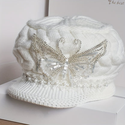 [Elegant Winter Hat] Women'S Winter Hat - Elegant White with Floral-like Decoration, Lightweight Warm Beanie for Cold Weather, Formal & Everyday Outfits - Easy Care (Hand Wash/Dry Clean) - Perfect Gift for Women, Ladies Winte