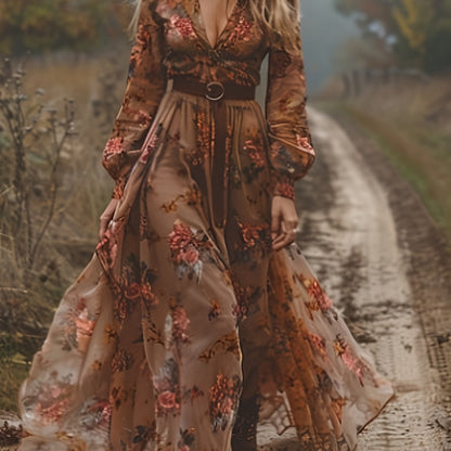 Plus Size - Plus Size - Plus Size, Women'S Elegant Floral Print V-Neck Long Sleeve Maxi Dress - Flowy A-Line Floor-Length Formal & Semi-Formal Dress with Asymmetrical Hem, Structured Waist, Non-Stretch Fabric for Spring/Fall
