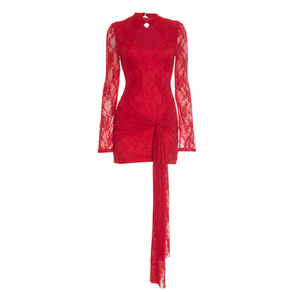 Ladies' Fashionable Dress for Parties and Gatherings Solid Color Hollow Out Straps Sexy Lace Long Sleeved Ribbon Short Dress