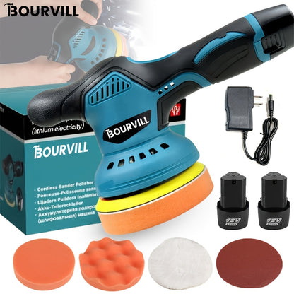 BOURVILL Cordless Car Polisher, Car Polishing Kit, with Battery, 8 Gears, Up to 5000 RPM, 5-inch Grinding Screen Button, for Car Detailing/scratch Removal