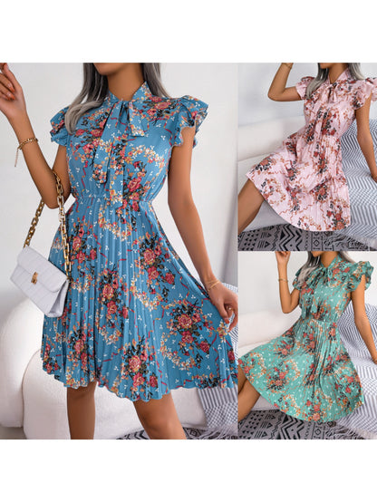 Women'S 2026 Spring Summer Elegant Floral Tie Waist Maxi Flare Pleated Dress | Lightweight, Breathable, Soft, Comfortable, Versatile, Casual Party Dating Daily Going Out Dress, Sleeveless, Crew Neck, Regular Fit