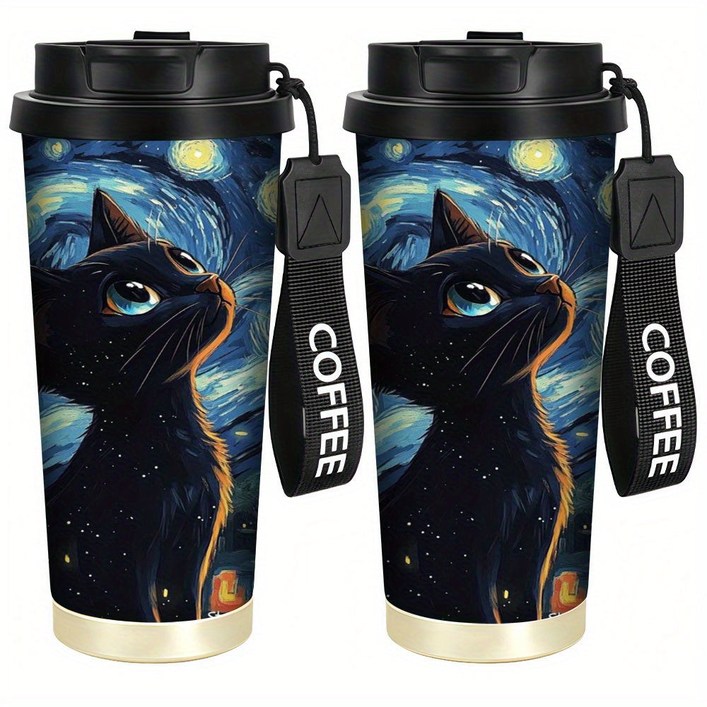 1pc Van Gogh Starry Night & Black Cat Stainless Steel Tumbler - Double-Wall Vacuum Insulated Coffee Cup with Handle, Leakproof & Shatterproof Design, Van Gogh Artwork, Birthday Gift for Men & Women, Travel Mug