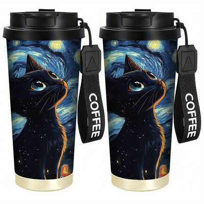 1pc Van Gogh Starry Night & Black Cat Stainless Steel Tumbler - Double-Wall Vacuum Insulated Coffee Cup with Handle, Leakproof & Shatterproof Design, Van Gogh Artwork, Birthday Gift for Men & Women, Travel Mug