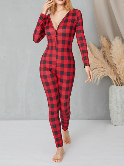 Women's Plaid V-Neck Romper - Casual Long Sleeve Jumpsuit with Elastic Yoga Waist and Button Details, Red, Polyester