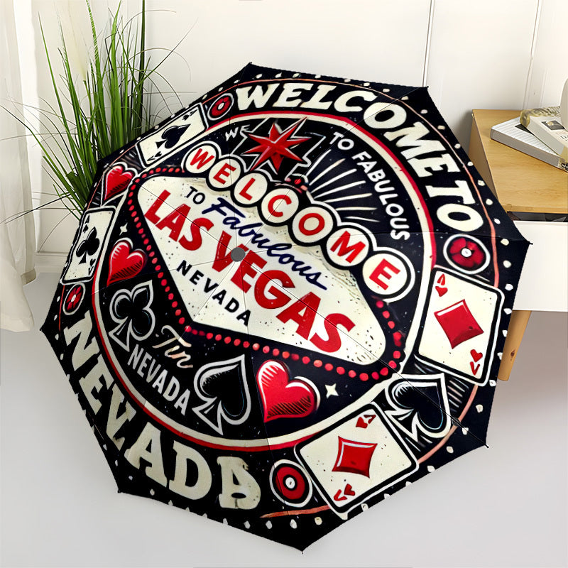 Las Vegas-Themed Open/Close Umbrella with Folding Mechanism - Heavy-Duty 8-Rib Iron Frame, All-Weather Portable Travel Umbrella with Design (Hearts, Spades, Dice, Poker) - Compact & Sturdy for Home, Travel, Outdoor - Ideal Gi
