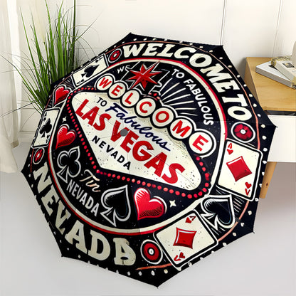 Las Vegas-Themed Open/Close Umbrella with Folding Mechanism - Heavy-Duty 8-Rib Iron Frame, All-Weather Portable Travel Umbrella with Design (Hearts, Spades, Dice, Poker) - Compact & Sturdy for Home, Travel, Outdoor - Ideal Gi