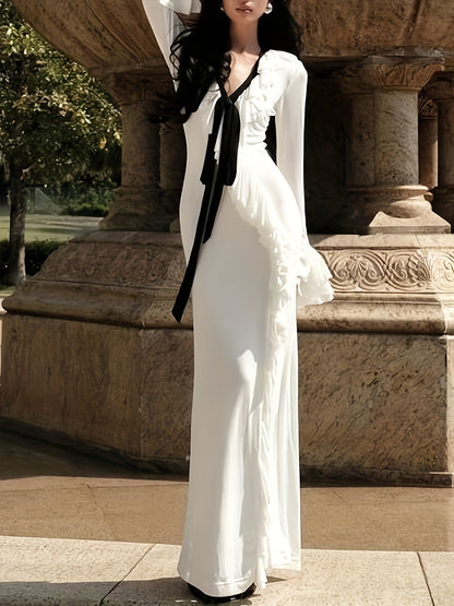 Women's Elegant White Slim-Fit High-Waisted Long Sleeve Mermaid Dress with Sheer Panel & Slit - All-Season Formal Wedding Guest Party Dress, Machine Washable Ice-Skating Style Gown