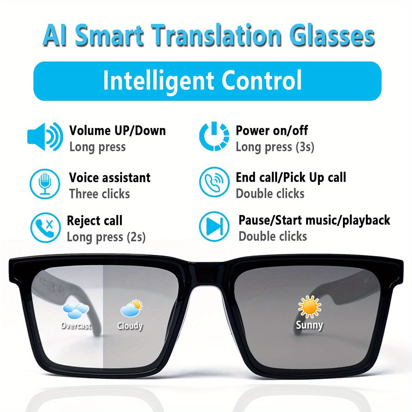AI Translation Smart Glasses with 160+ Languages Support, Built-in, Charging, Photochromic Lens & Voice Call/Music/Translation - Real-Time Language Interpreter, Smart Glasses for Men & Women,, Driving, Office, Smart Audio Gla