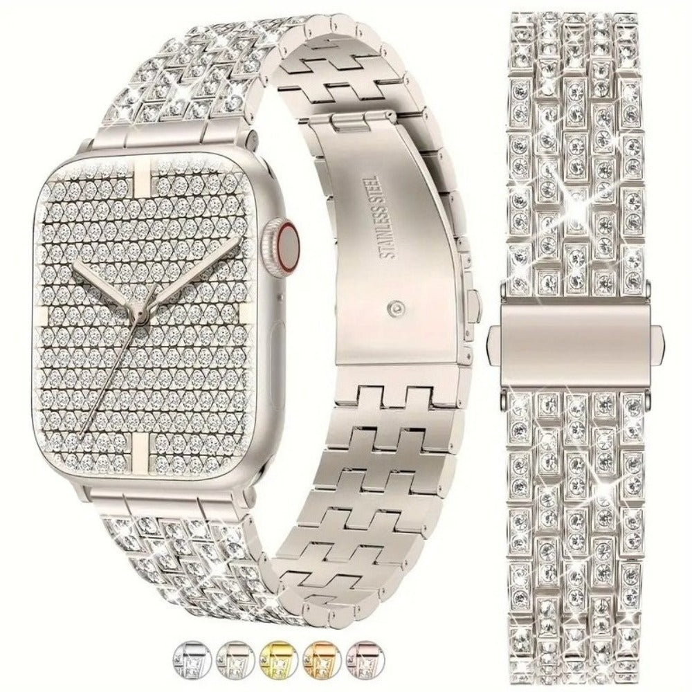 Sparkling Synthetic Zirconia - Embellished Zinc Alloy Apple Watch Strap, Stainless Steel Clasp, Compatible with iWatch 1 - 10, SE, Ultra (38 - 49mm) Excluding the watch and the case, Strap for Smart Watch, Watch Accessories,