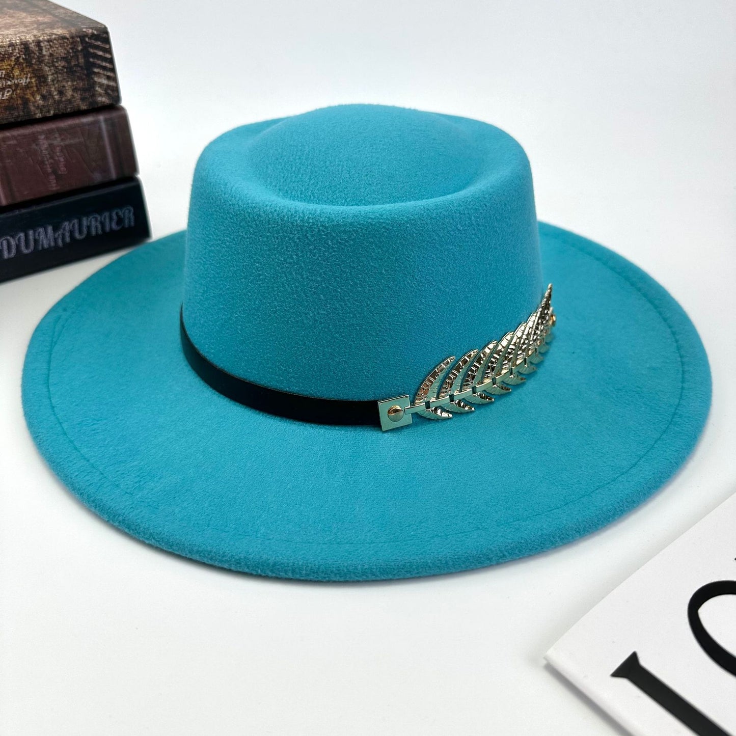 1pc Women'S Retro Wide-Brimmed Fedora Hat with Metal Crescent & Black Leather-like Band - Vibrant Orange/Red/Green/Black/Navy Blue/Purple/White - Elegant Non-Stretch Design for Autumn Winter, Music Festivals, Christmas & Dail