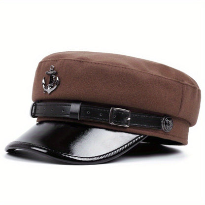 Men'S Punk Style Anchor Logo Beret Visor Cap - Adjustable Snap Closure, White & Black Nautical Design, Durable Polyester for Casual & Semi-Formal Outfits, Maritime-Inspired Fashion Accessory