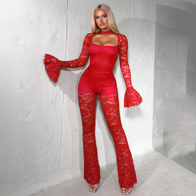 LUCKFOX Sexy Flared Sleeve Lace Jumpsuit Trousers | Fashionable Open Bust Design, Hooded Collar, Perfect for Spring/Summer/Fall