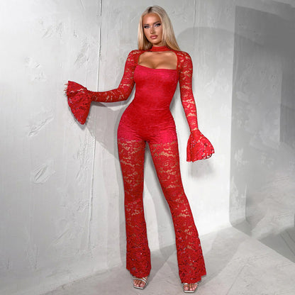 LUCKFOX Sexy Flared Sleeve Lace Jumpsuit Trousers | Fashionable Open Bust Design, Hooded Collar, Perfect for Spring/Summer/Fall