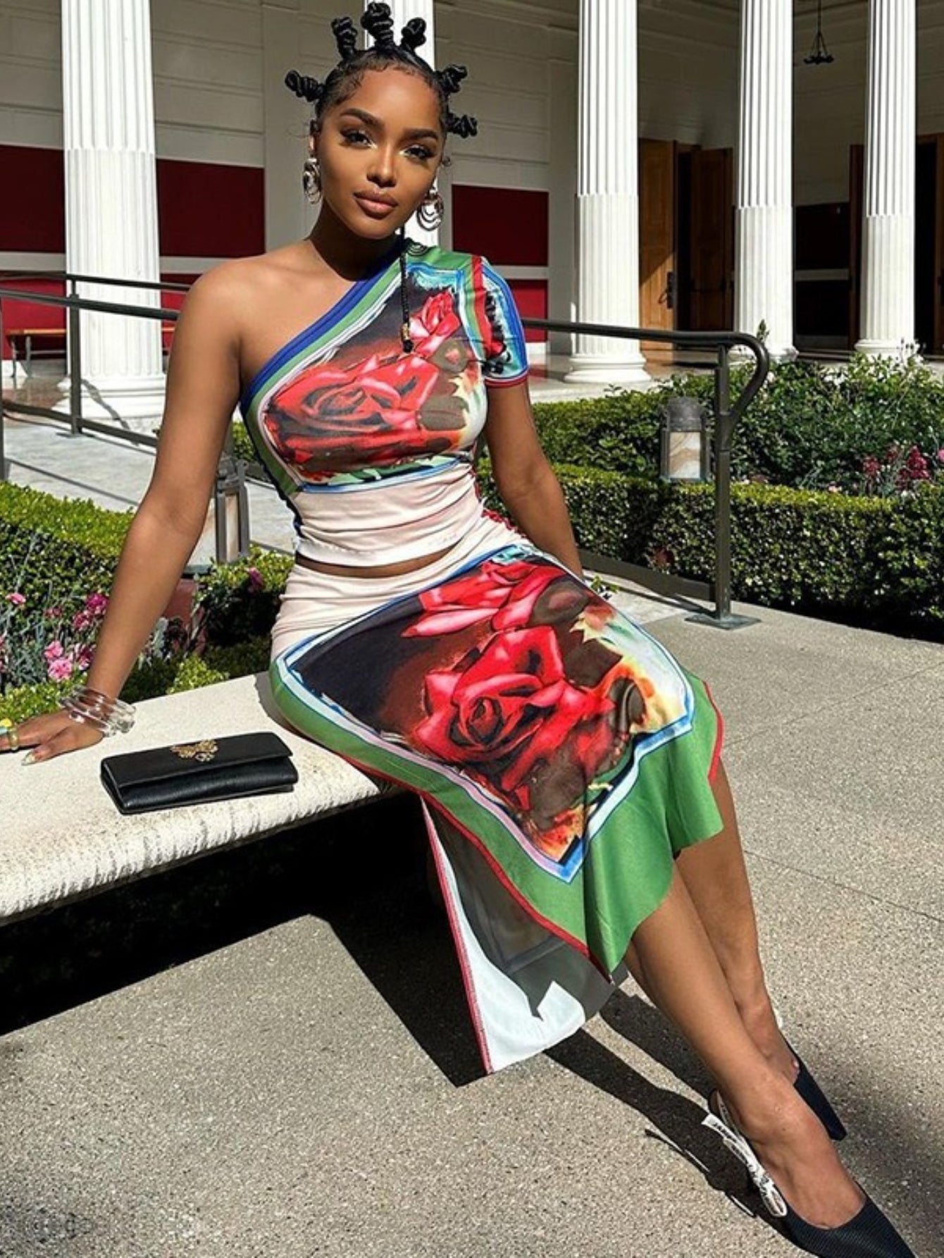 ARTPAGE Summer Fashion Print Sexy Off-Shoulder One-Shoulder Sleeve Hip Wrap Skirt Two-Piece Set Women'S Dress
