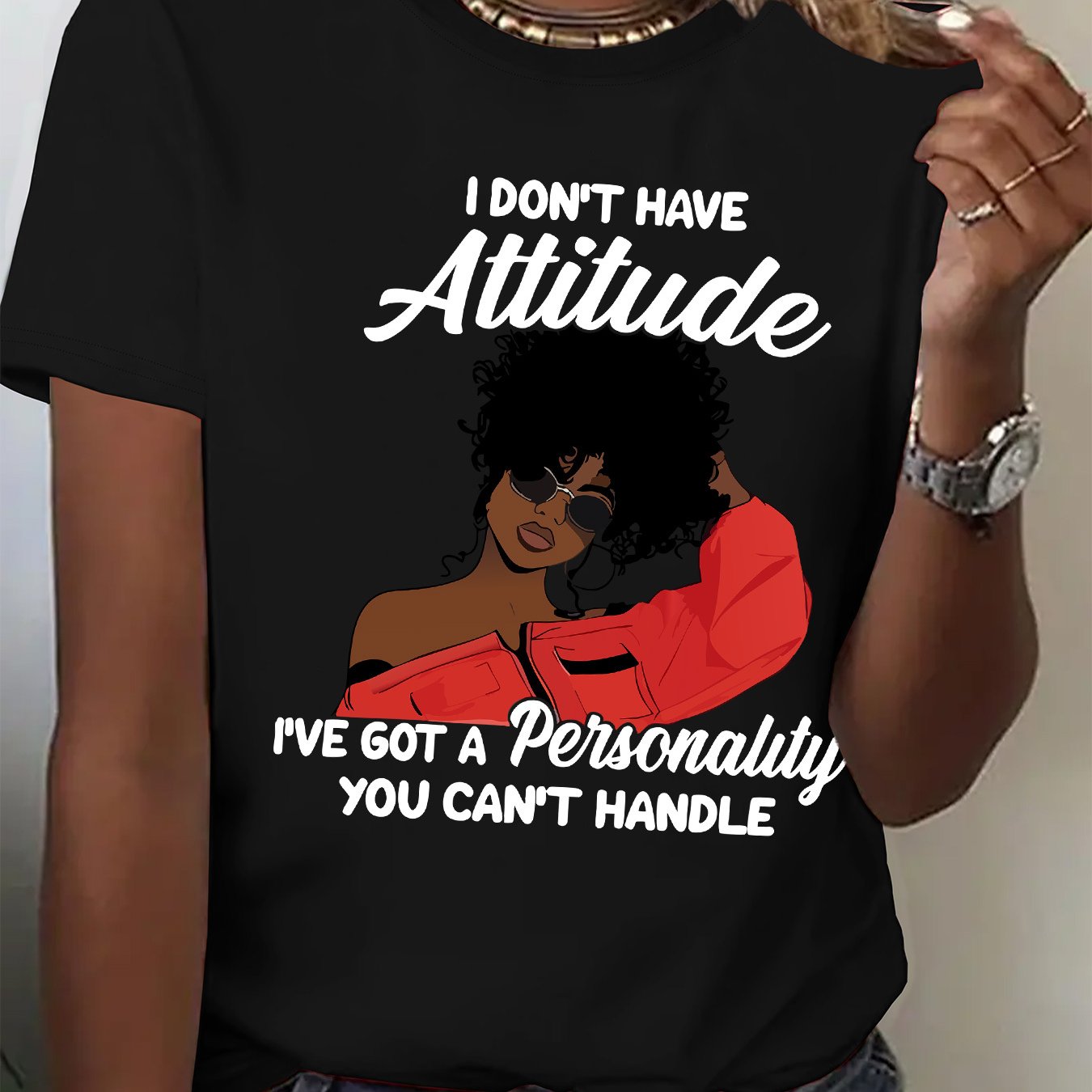 Women's "I Don't Have Attitude" Slogan Graphic T-Shirt - Vibrant Red Short Sleeve Crew Neck Casual Top with Bold Text & Fashion Glasses Design, Machine Washable All-Season Comfort Fit Tee, Fashionforward Look, Durable Fabric